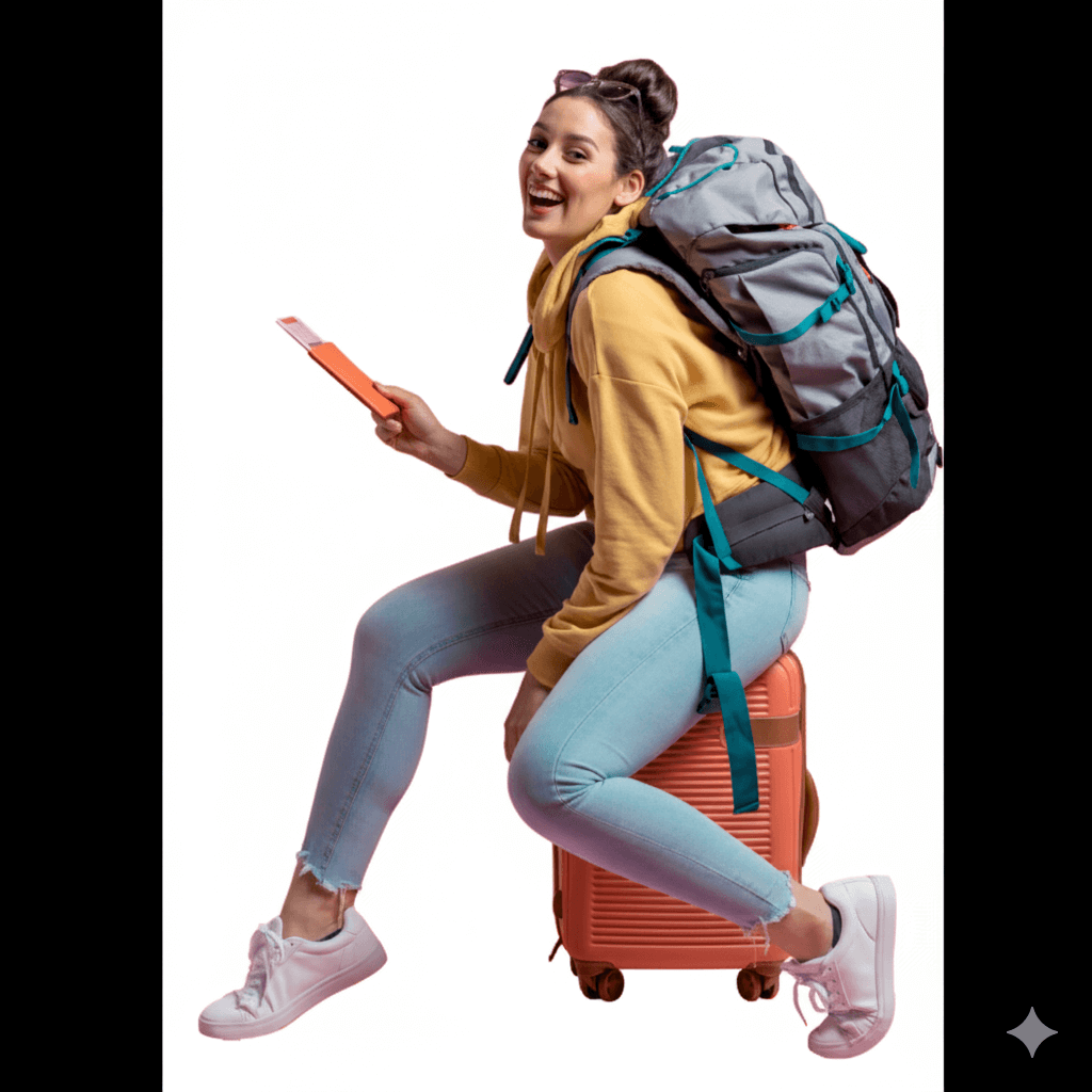 Smiling traveler with suitcase